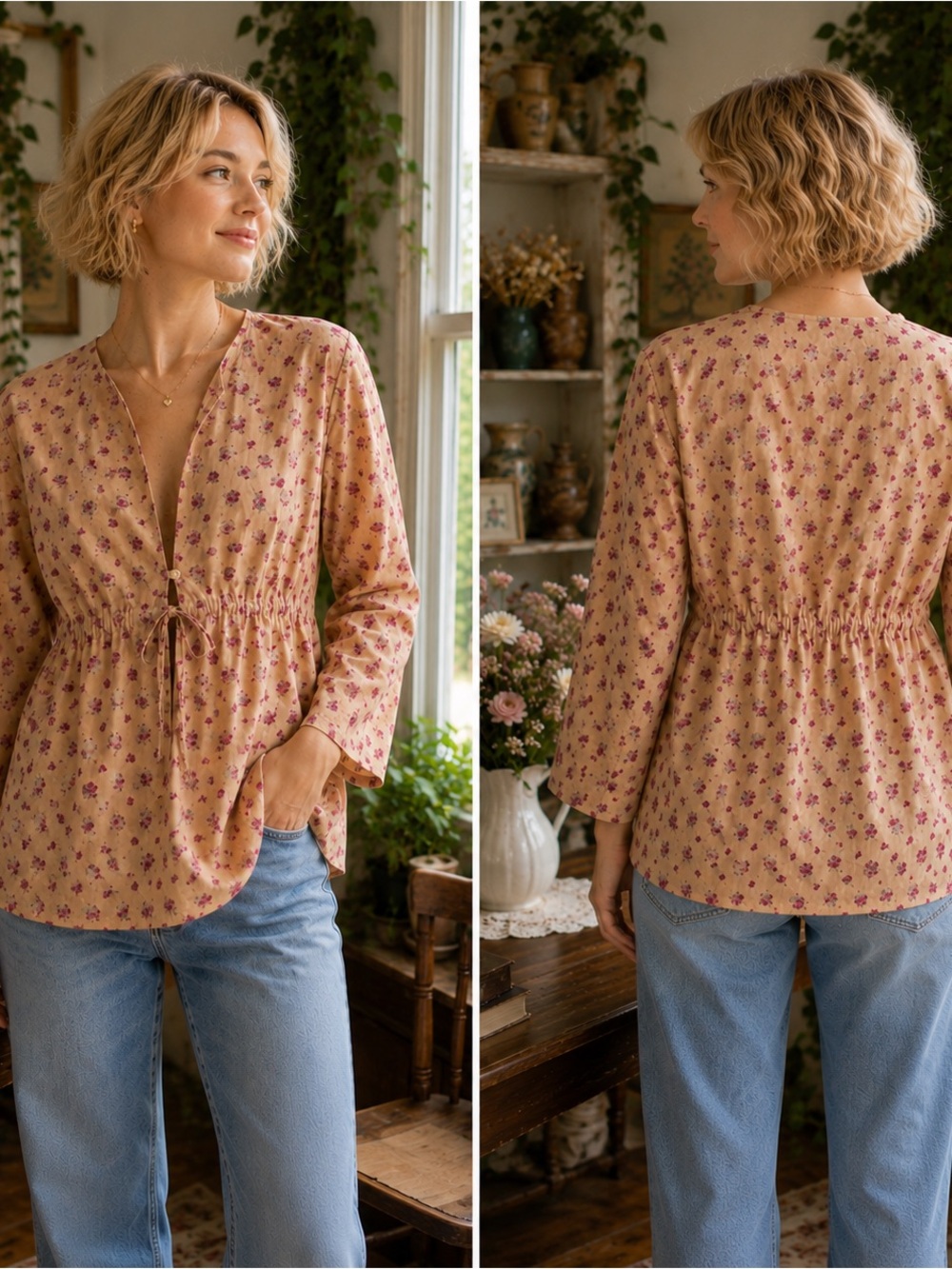 Miki Thumb Womens Beige Floral Peasant Top with Drawstring Waist Boho